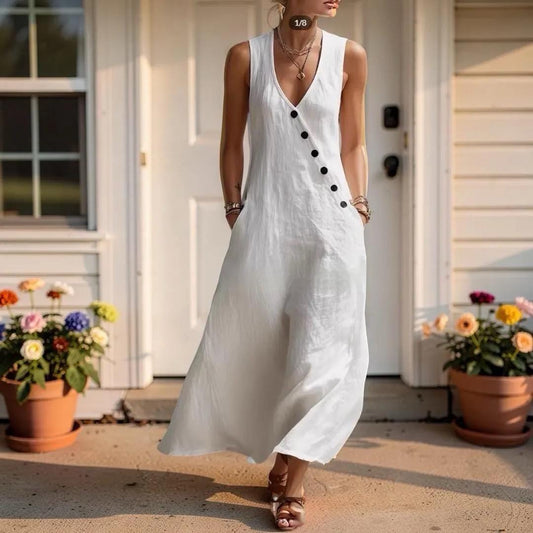 V-Neck Sleeveless Maxi Dress With Pockets, Women's Boho Button Loose Fit Long Dress