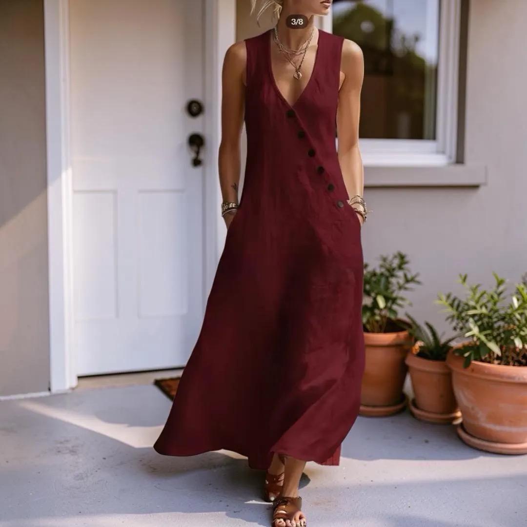 V-Neck Sleeveless Maxi Dress With Pockets, Women's Boho Button Loose Fit Long Dress