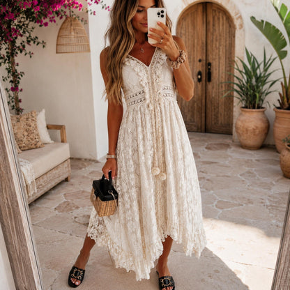 Boho Lace Maxi Dress Women, Cottagecore Summer Dress, Ivory Flowy Bohemian Dress, Beach Vacation Outfit, Sleeveless Romantic Sundress
