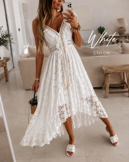 Boho Lace Maxi Dress Women, Cottagecore Summer Dress, Ivory Flowy Bohemian Dress, Beach Vacation Outfit, Sleeveless Romantic Sundress