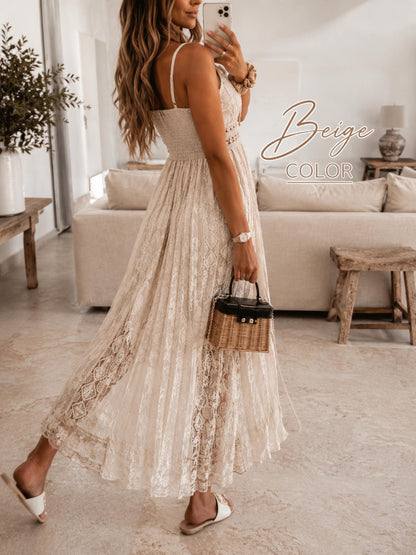 Boho Lace Maxi Dress Women, Cottagecore Summer Dress, Ivory Flowy Bohemian Dress, Beach Vacation Outfit, Sleeveless Romantic Sundress