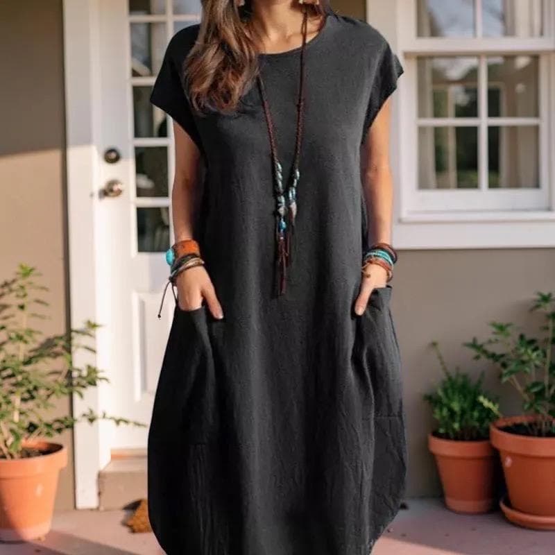 Short Sleeve Pocket Midi Dress, Women's Boho Loose Fit Summer Dress