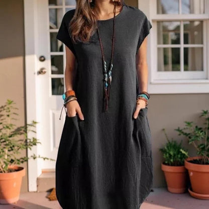 Short Sleeve Pocket Midi Dress, Women's Boho Loose Fit Summer Dress