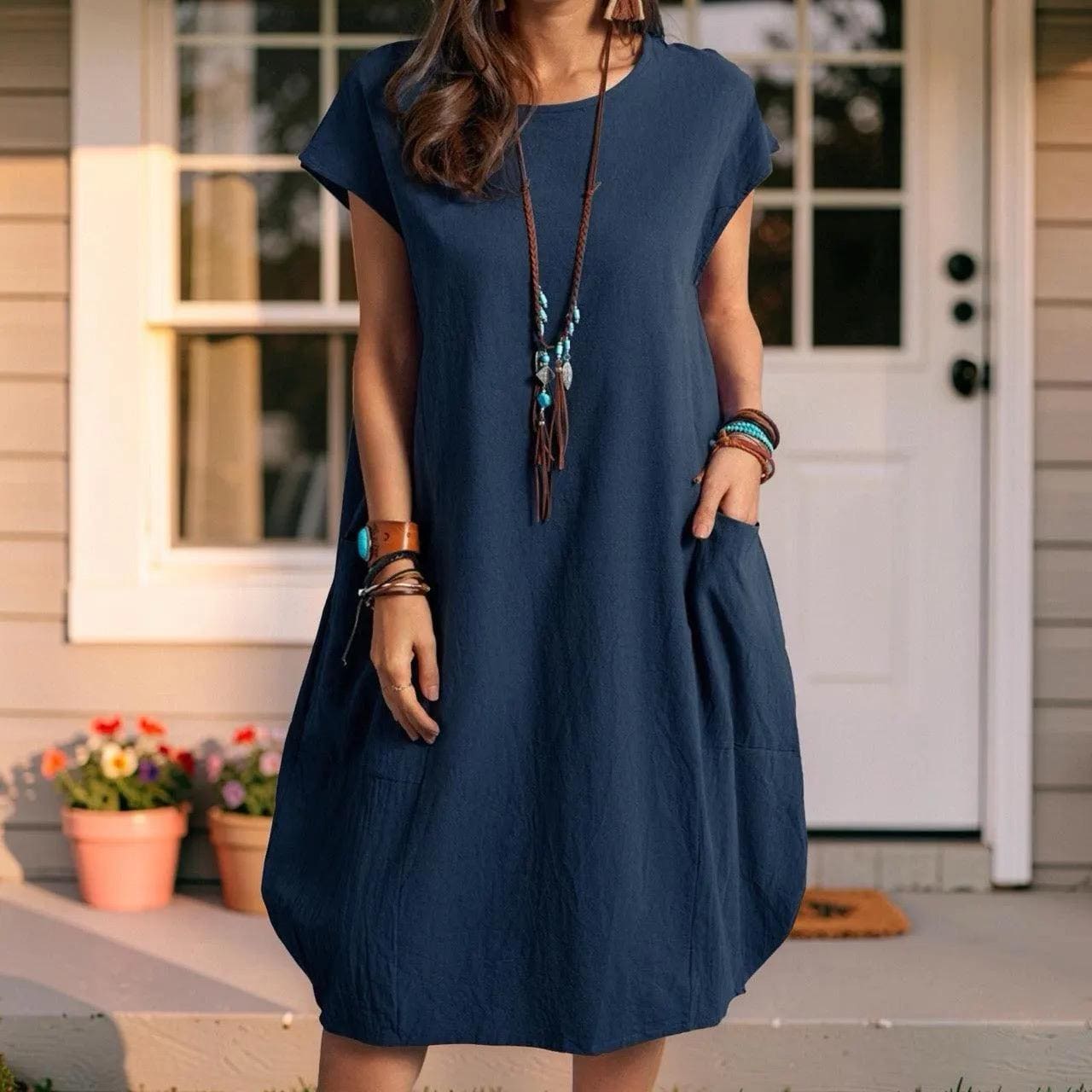 Short Sleeve Pocket Midi Dress, Women's Boho Loose Fit Summer Dress