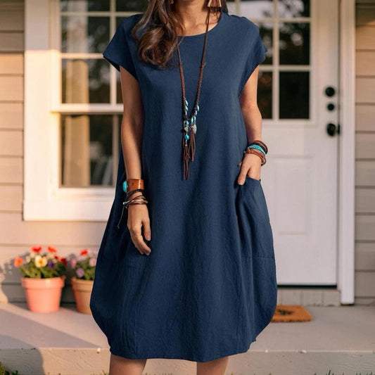 Short Sleeve Pocket Midi Dress, Women's Boho Loose Fit Summer Dress
