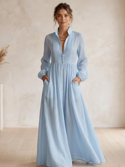 Elegant Stand Collar Long Sleeve Party Dress, Women 2026 New Spring Solid Casual Dresses, Single Breasted Ladies Pocket Dresses