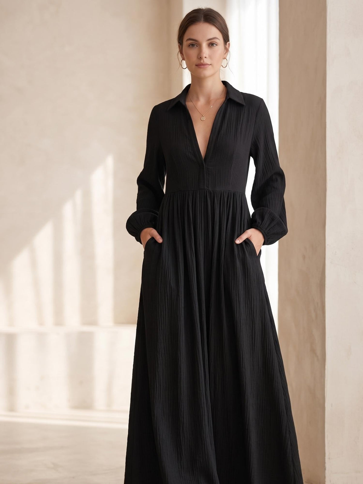Elegant Stand Collar Long Sleeve Party Dress, Women 2026 New Spring Solid Casual Dresses, Single Breasted Ladies Pocket Dresses