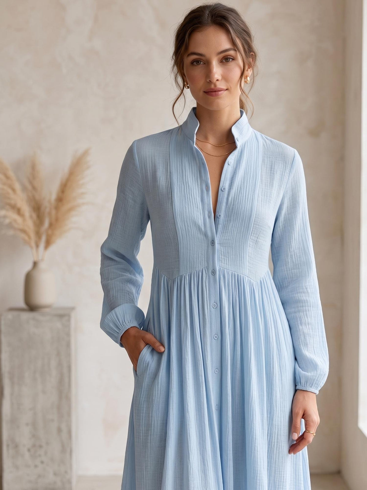Elegant Stand Collar Long Sleeve Party Dress, Women 2026 New Spring Solid Casual Dresses, Single Breasted Ladies Pocket Dresses