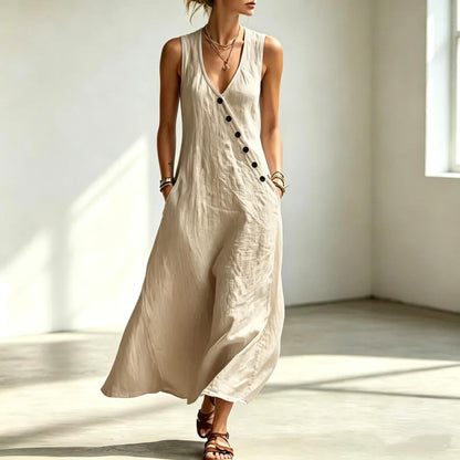 Handmade Cotton Linen Sleeveless Maxi Dress – Beach Vacation Summer Wear