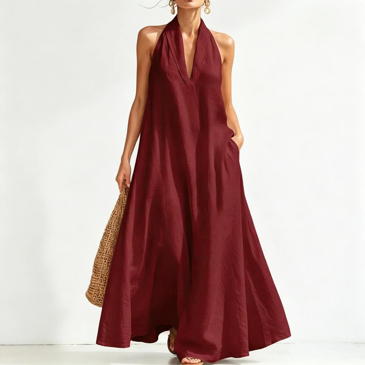 2026 Women'S Summer New V-Neck Sleeveless Solid Color Long Dress Loose Beach Vacation Dress with Pockets
