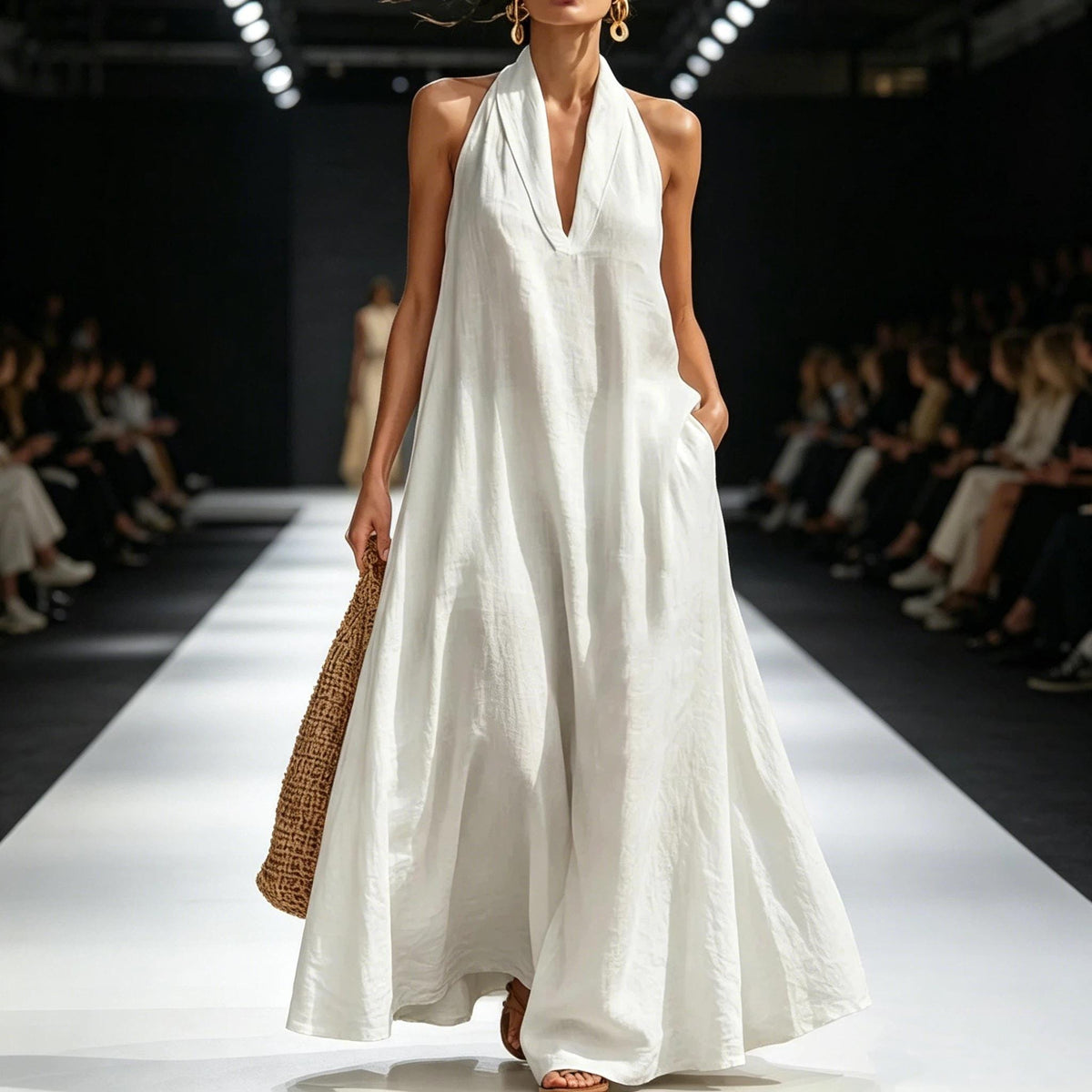 2026 Women'S Summer New V-Neck Sleeveless Solid Color Long Dress Loose Beach Vacation Dress with Pockets