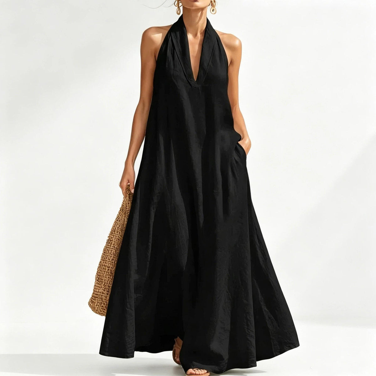 2026 Women'S Summer New V-Neck Sleeveless Solid Color Long Dress Loose Beach Vacation Dress with Pockets