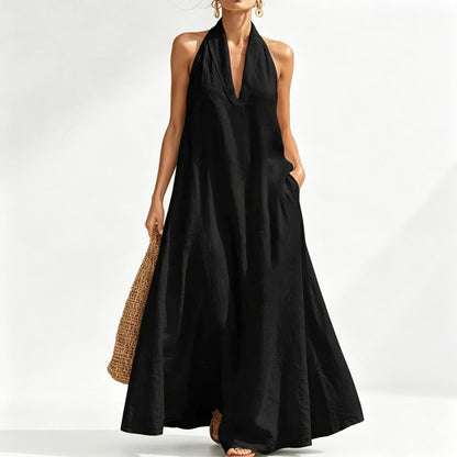 2026 Women'S Summer New V-Neck Sleeveless Solid Color Long Dress Loose Beach Vacation Dress with Pockets
