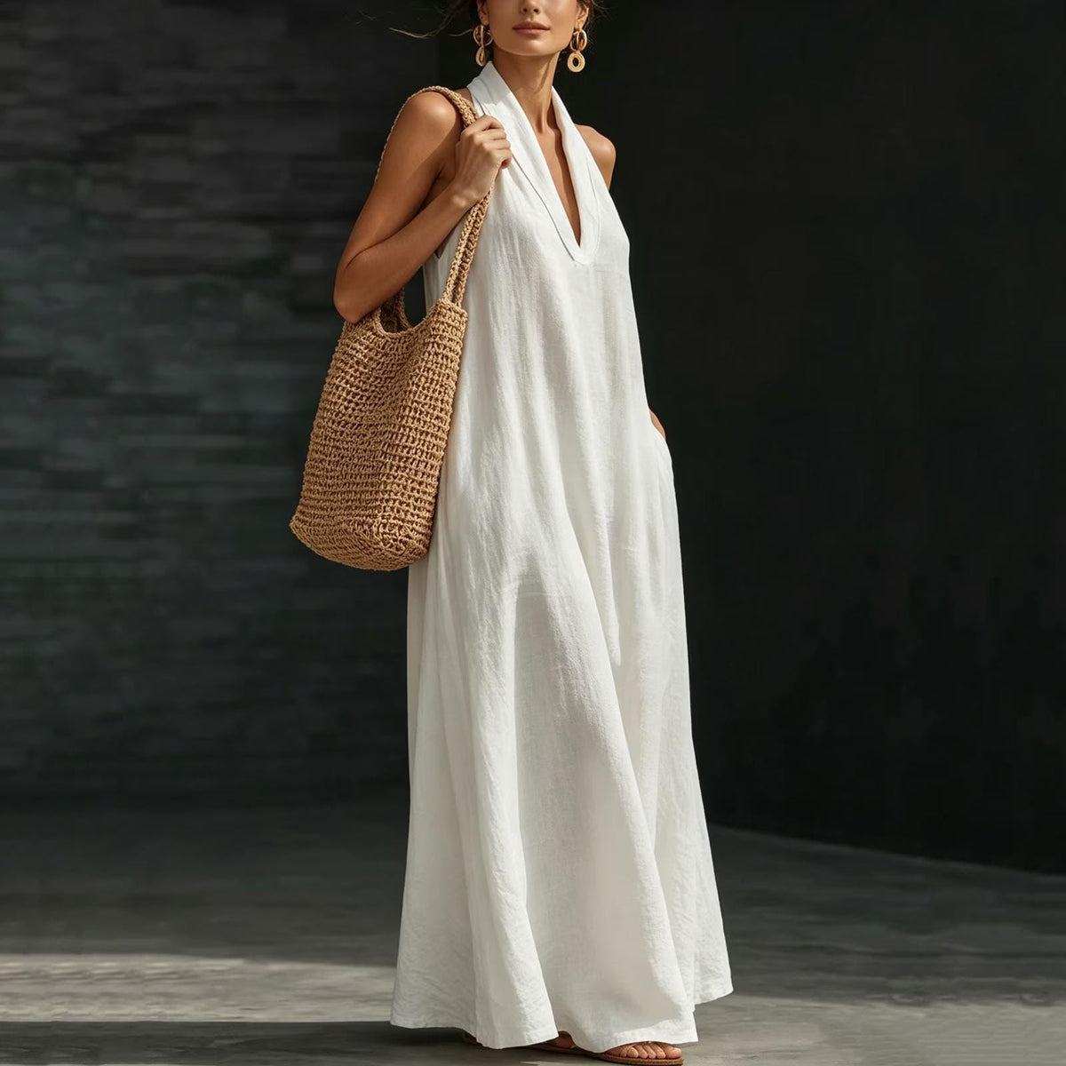 2026 Women'S Summer New V-Neck Sleeveless Solid Color Long Dress Loose Beach Vacation Dress with Pockets
