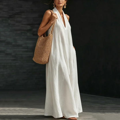 2026 Women'S Summer New V-Neck Sleeveless Solid Color Long Dress Loose Beach Vacation Dress with Pockets