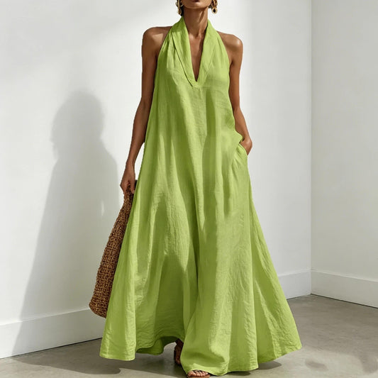 2026 Women'S Summer New V-Neck Sleeveless Solid Color Long Dress Loose Beach Vacation Dress with Pockets