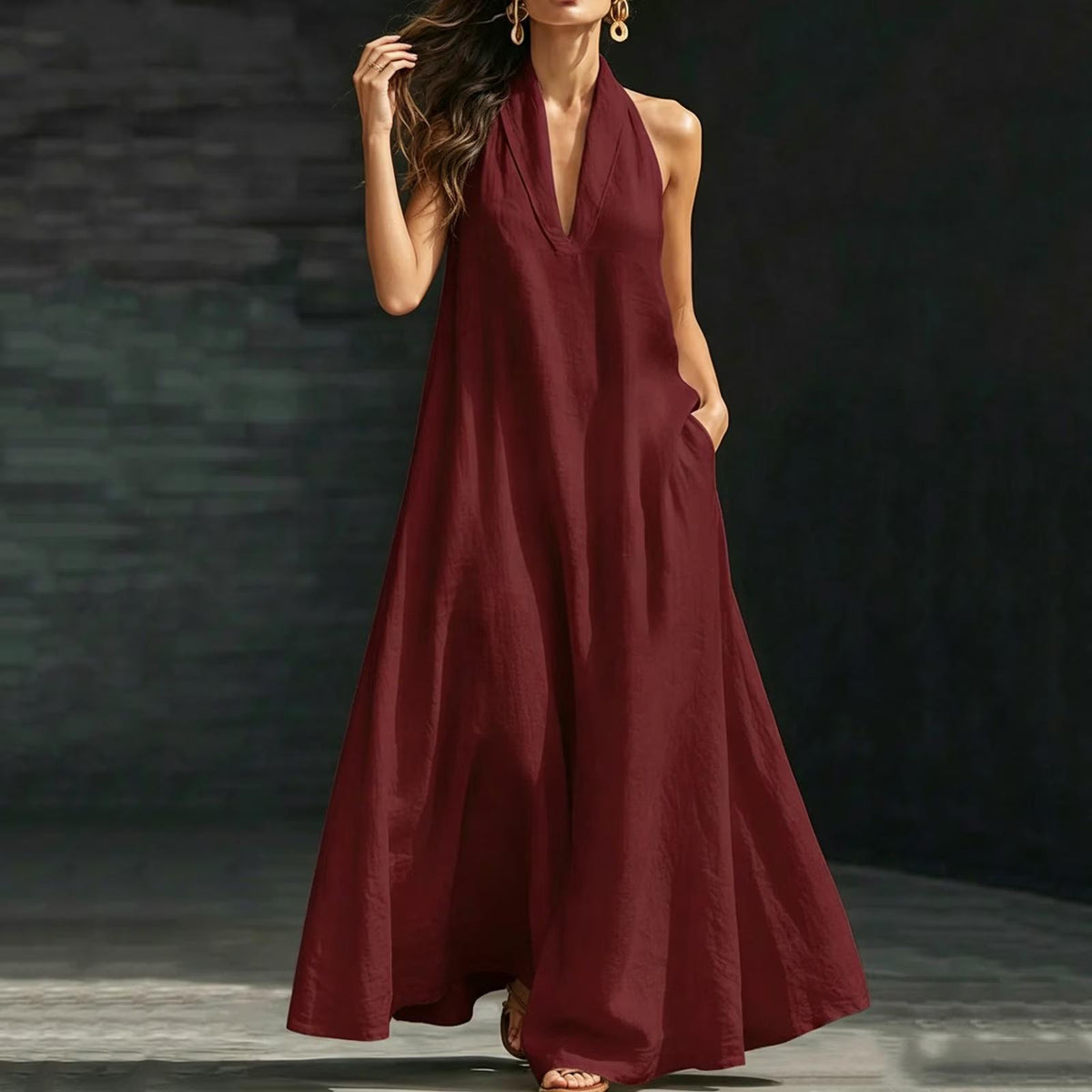 2026 Women'S Summer New V-Neck Sleeveless Solid Color Long Dress Loose Beach Vacation Dress with Pockets