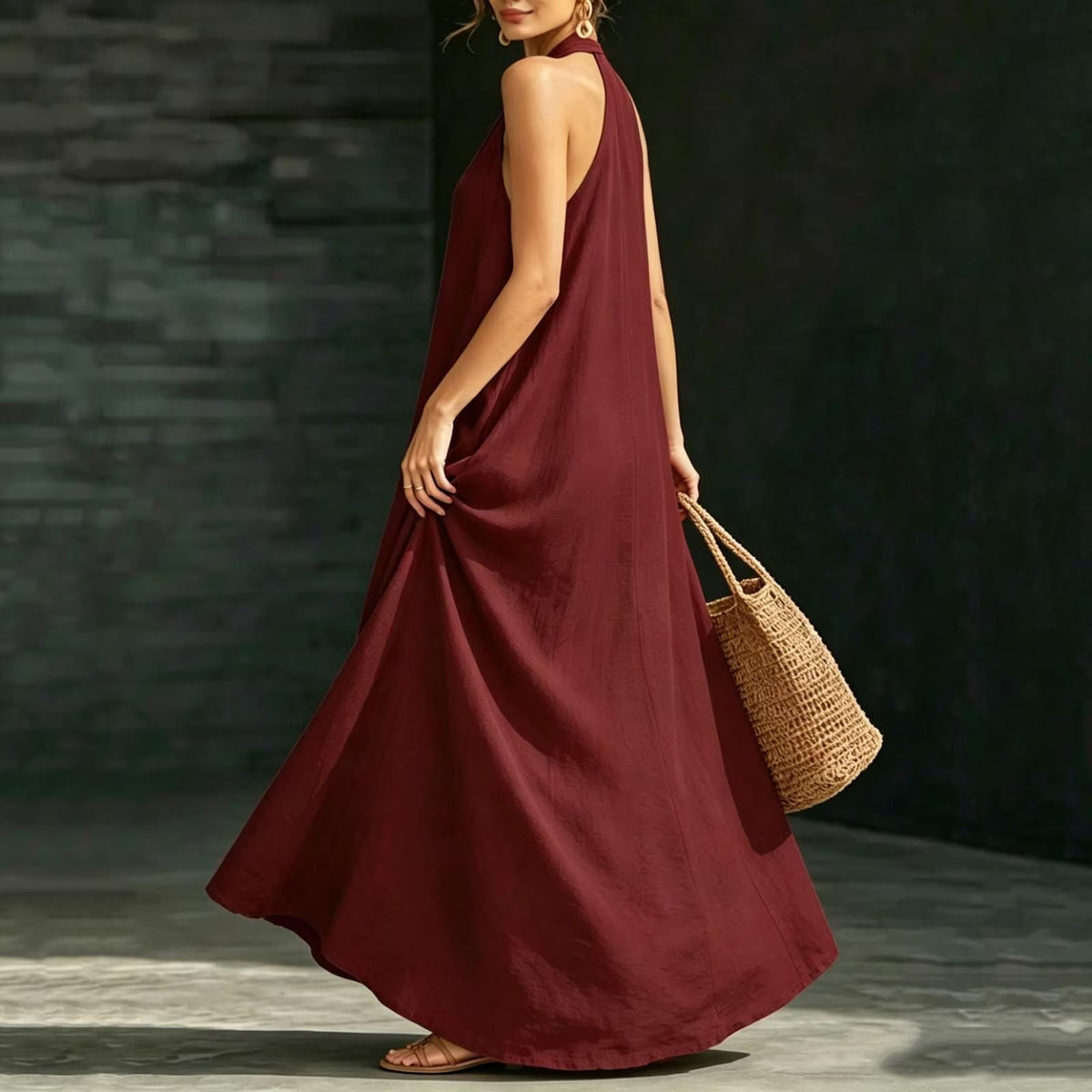 2026 Women'S Summer New V-Neck Sleeveless Solid Color Long Dress Loose Beach Vacation Dress with Pockets