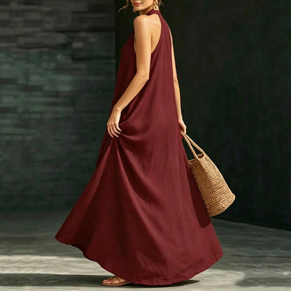 2026 Women'S Summer New V-Neck Sleeveless Solid Color Long Dress Loose Beach Vacation Dress with Pockets