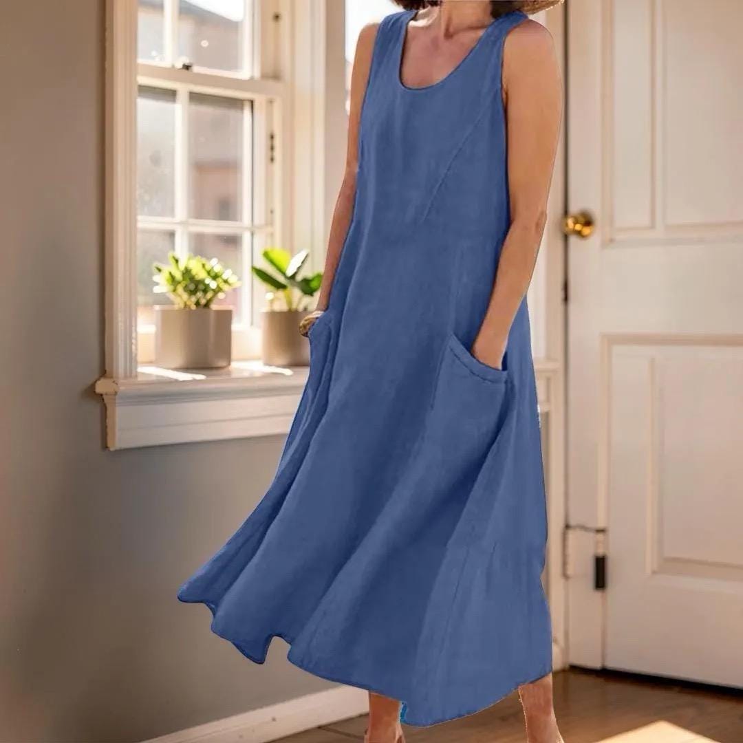 Sleeveless Pocket Boho Maxi Dress, Women's Plus Size Loose Fit Flowy Long Dress