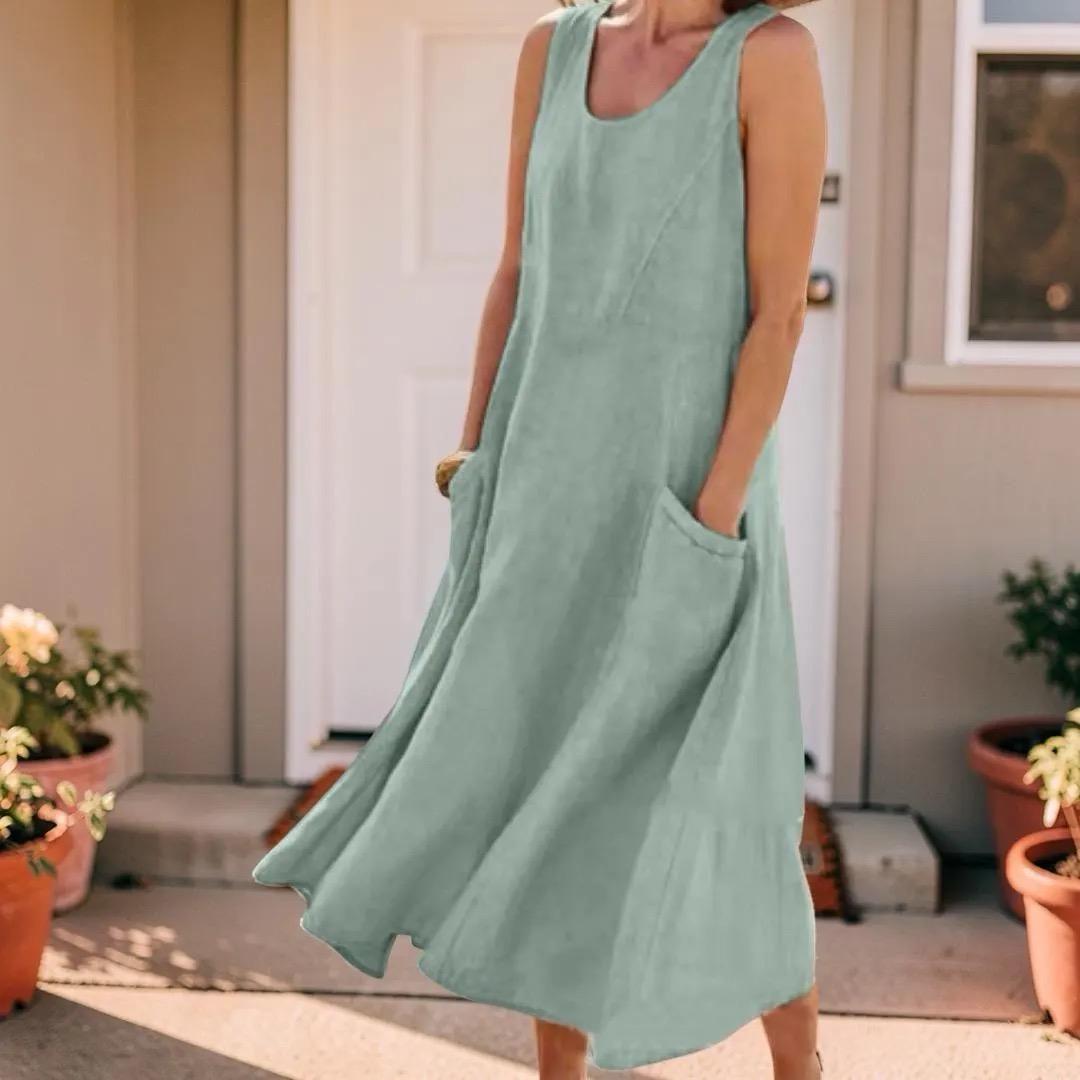 Sleeveless Pocket Boho Maxi Dress, Women's Plus Size Loose Fit Flowy Long Dress