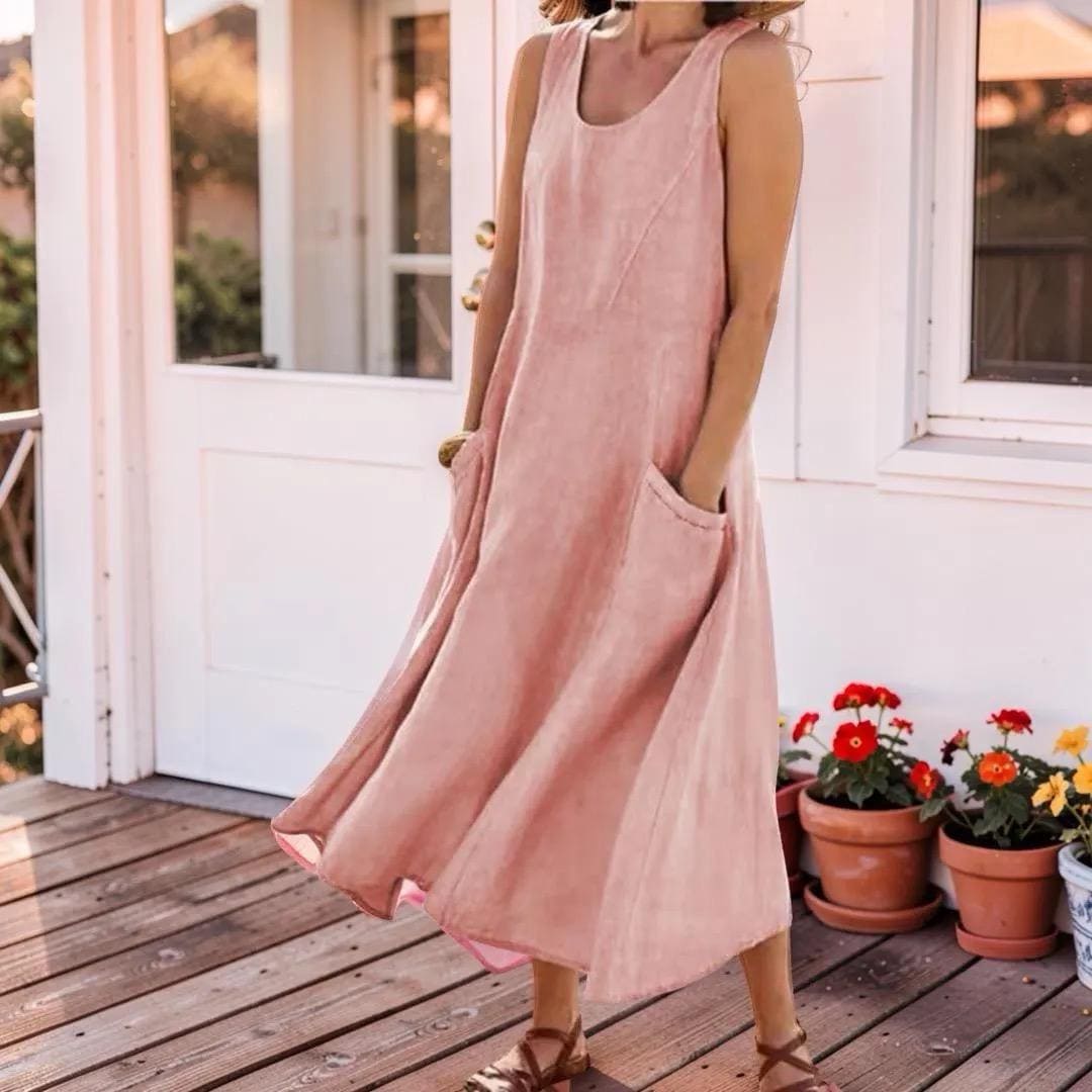 Sleeveless Pocket Boho Maxi Dress, Women's Plus Size Loose Fit Flowy Long Dress