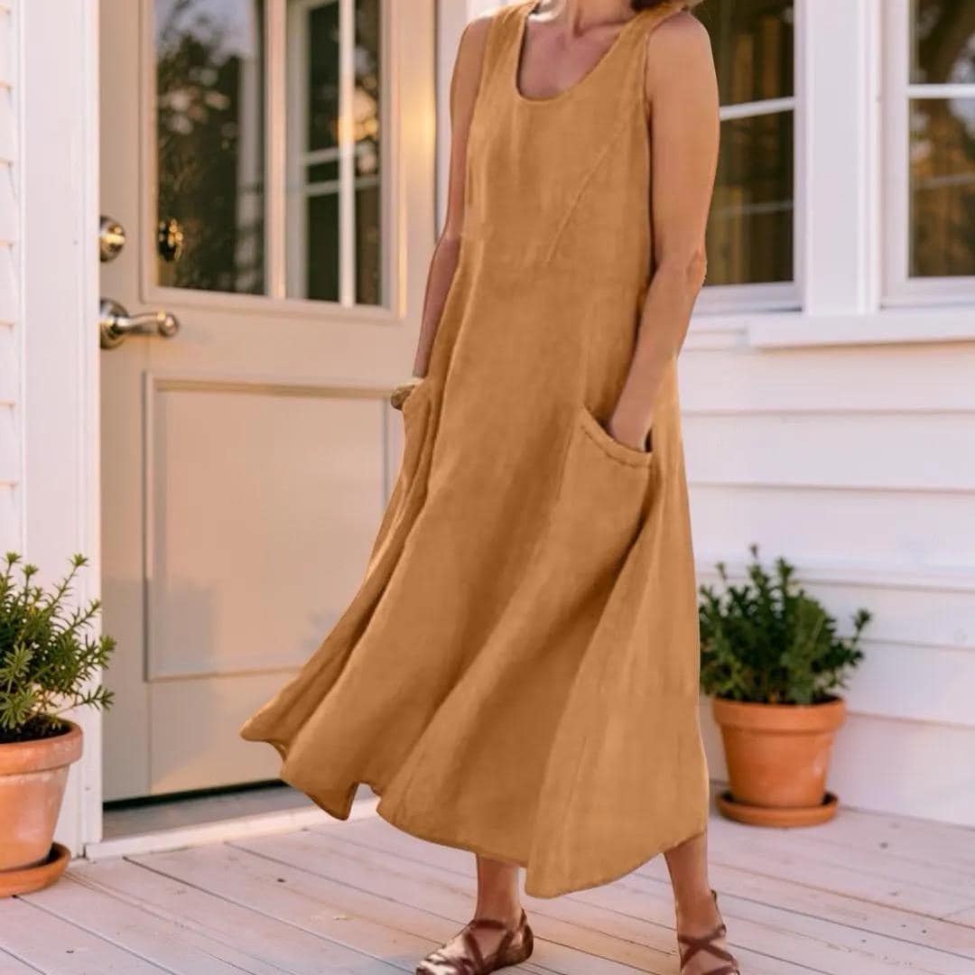 Sleeveless Pocket Boho Maxi Dress, Women's Plus Size Loose Fit Flowy Long Dress