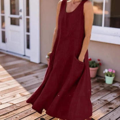 Sleeveless Pocket Boho Maxi Dress, Women's Plus Size Loose Fit Flowy Long Dress