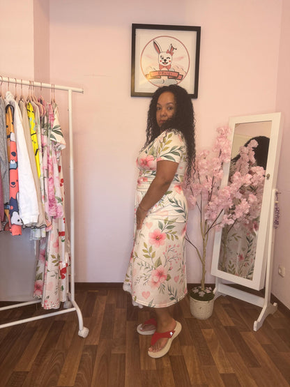 Floral Midi Dress – Elegant V Neck Summer Dress