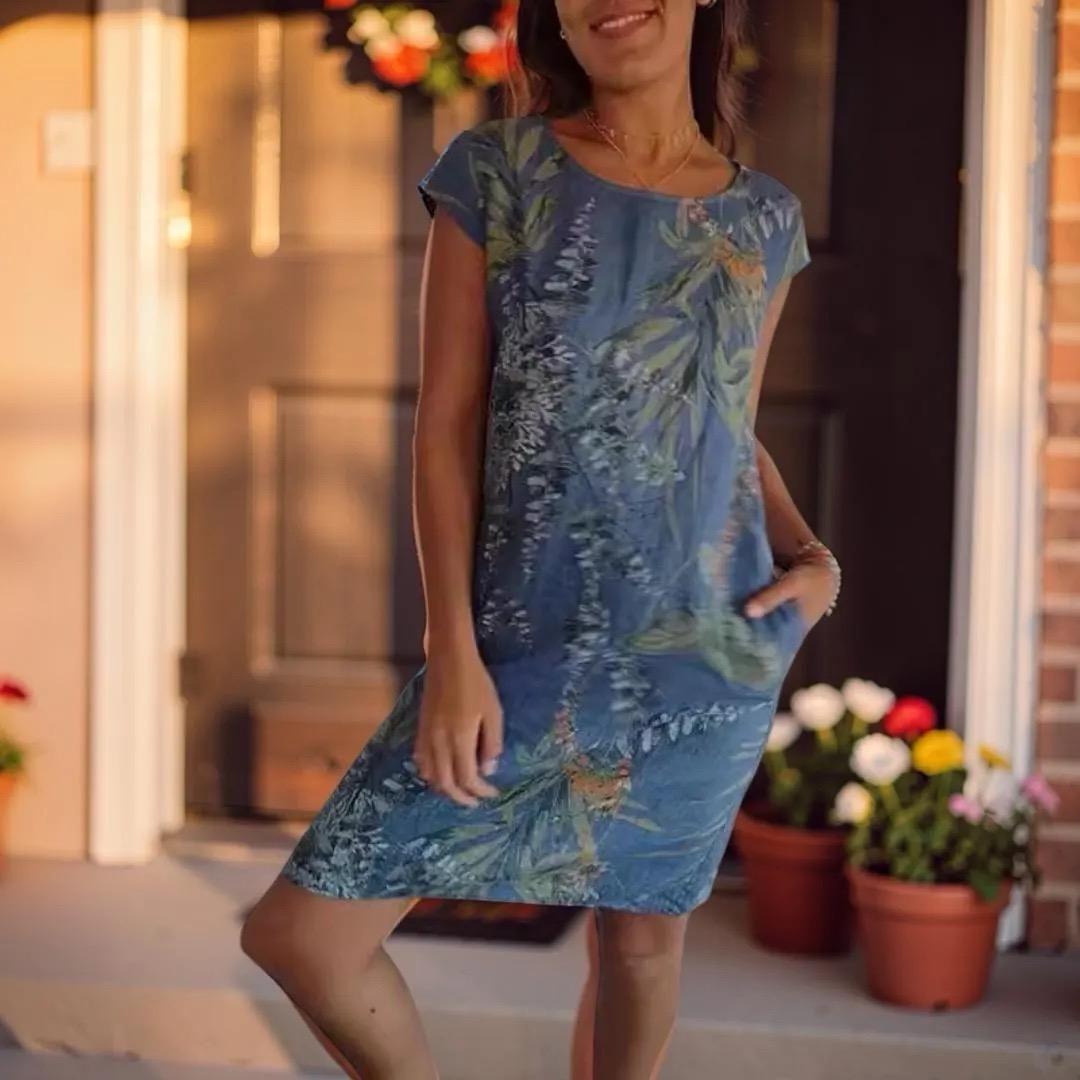 Floral Pocket Midi Dress, Women's Plus Size Short Sleeve Summer Dress