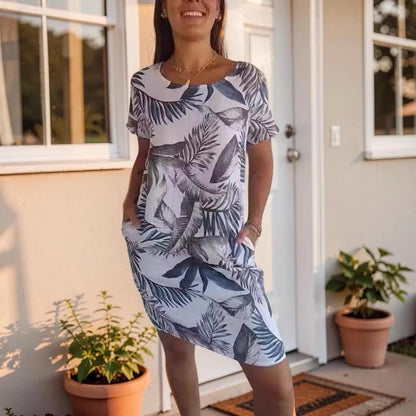 Floral Pocket Midi Dress, Women's Plus Size Short Sleeve Summer Dress