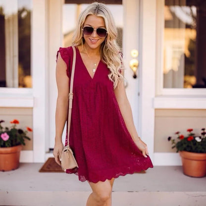 Cotton Eyelet V Neck Dress With Pockets, Women's Sleeveless Built In Shorts Summer Dress