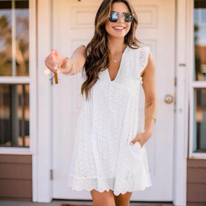 Cotton Eyelet V Neck Dress With Pockets, Women's Sleeveless Built In Shorts Summer Dress