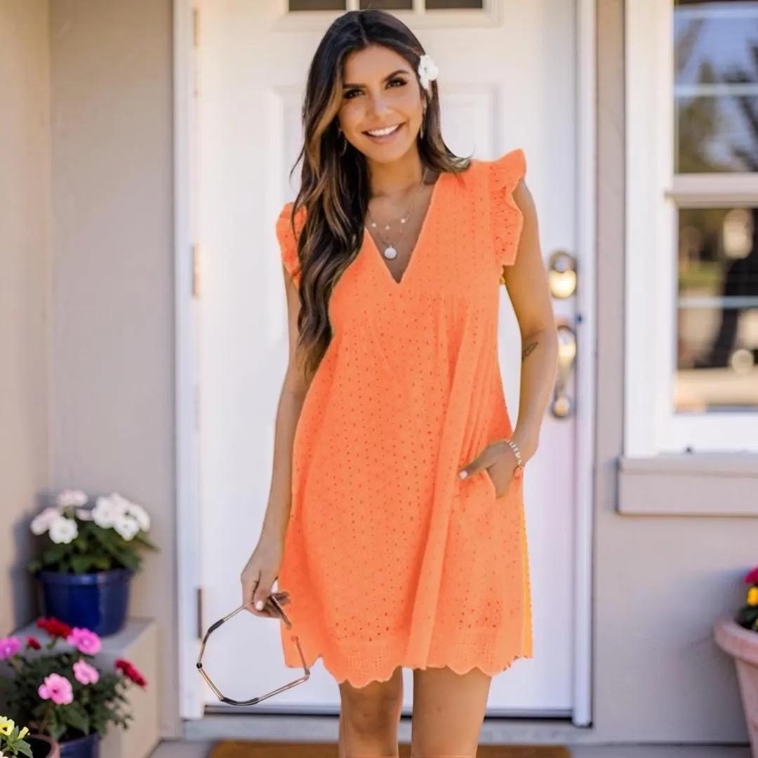 Cotton Eyelet V Neck Dress With Pockets, Women's Sleeveless Built In Shorts Summer Dress