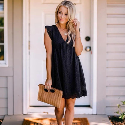 Cotton Eyelet V Neck Dress With Pockets, Women's Sleeveless Built In Shorts Summer Dress