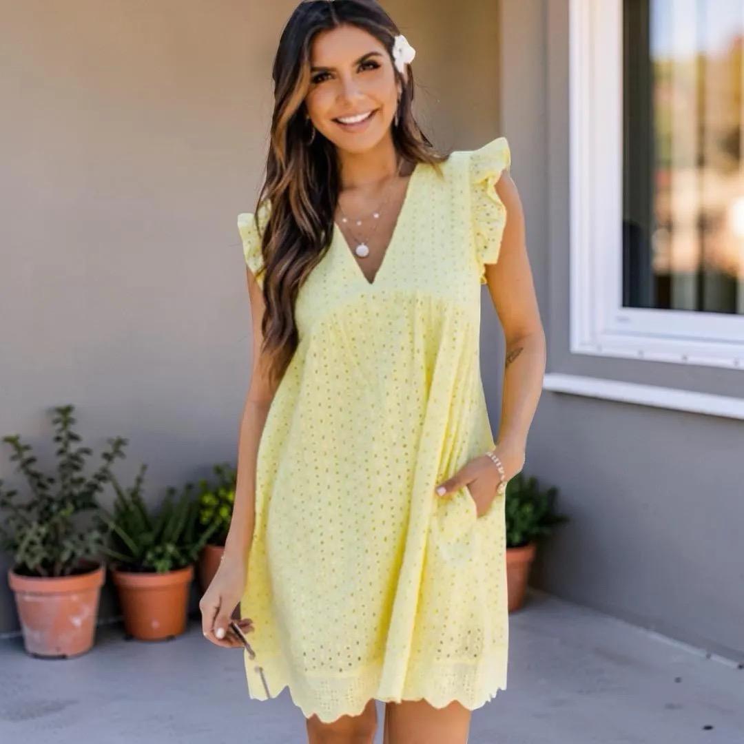 Cotton Eyelet V Neck Dress With Pockets, Women's Sleeveless Built In Shorts Summer Dress
