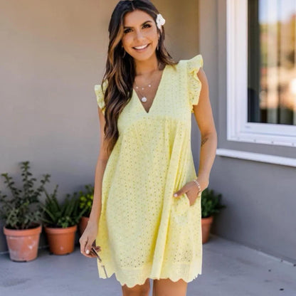 Cotton Eyelet V Neck Dress With Pockets, Women's Sleeveless Built In Shorts Summer Dress