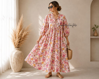 Boho Floral Cotton Midi Dress, Handmade Puff Sleeve Summer Casual Wear