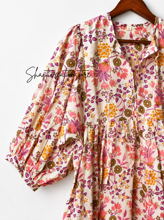 Boho Floral Cotton Midi Dress, Handmade Puff Sleeve Summer Casual Wear