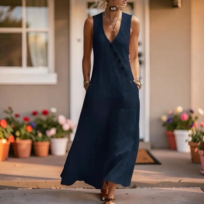 V-Neck Sleeveless Maxi Dress With Pockets, Women's Boho Button Loose Fit Long Dress