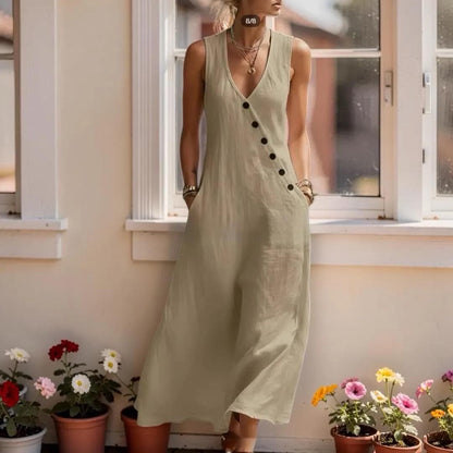 V-Neck Sleeveless Maxi Dress With Pockets, Women's Boho Button Loose Fit Long Dress