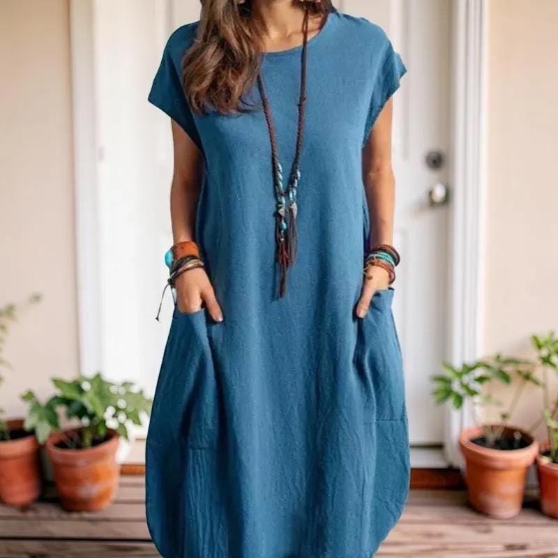 Short Sleeve Pocket Midi Dress, Women's Boho Loose Fit Summer Dress