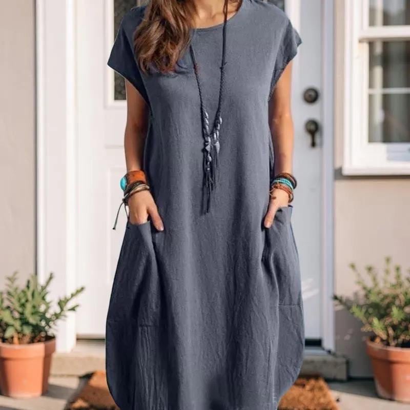 Short Sleeve Pocket Midi Dress, Women's Boho Loose Fit Summer Dress