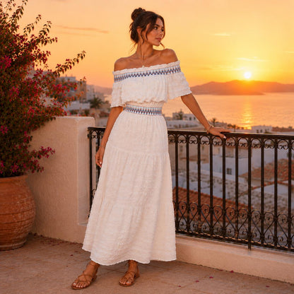 Off Shoulder Lace Textured Ruffle Hem Maxi Dress For Women, Summer Beach Vacation Dress, White Boho Sundress, Romantic Resort Wear