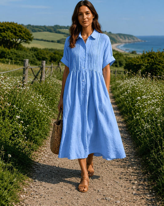 Maxi Shirt Dress for Women, Short Sleeve Button Down Summer Dress, Bohemian Casual Loose Fit Long Dress, Resort Style Wear, Blue
