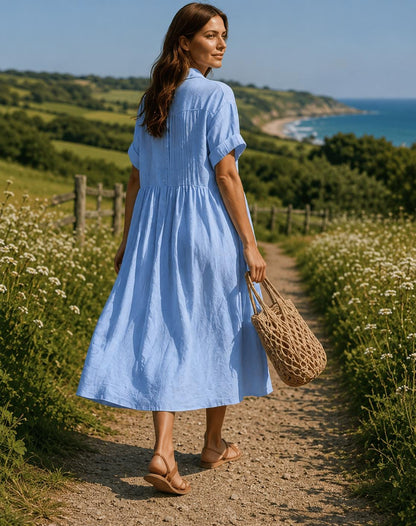 Maxi Shirt Dress for Women, Short Sleeve Button Down Summer Dress, Bohemian Casual Loose Fit Long Dress, Resort Style Wear, Blue