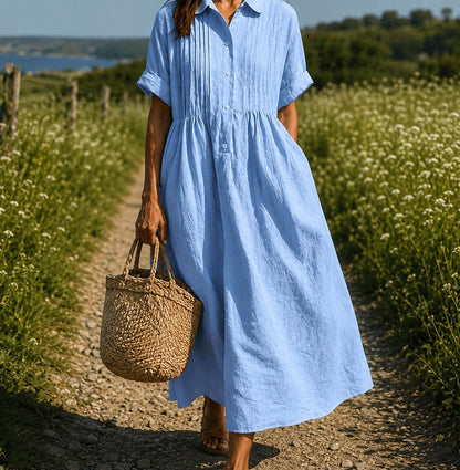 Maxi Shirt Dress for Women, Short Sleeve Button Down Summer Dress, Bohemian Casual Loose Fit Long Dress, Resort Style Wear, Blue