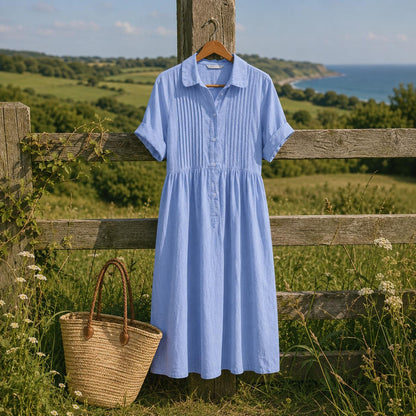 Maxi Shirt Dress for Women, Short Sleeve Button Down Summer Dress, Bohemian Casual Loose Fit Long Dress, Resort Style Wear, Blue