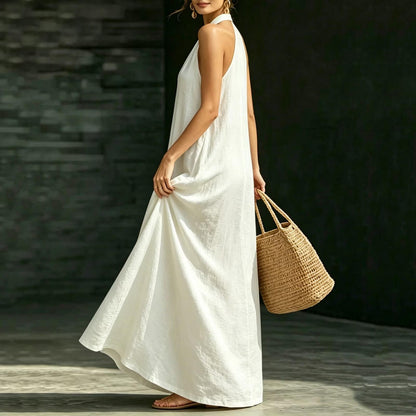 2026 Women'S Summer New V-Neck Sleeveless Solid Color Long Dress Loose Beach Vacation Dress with Pockets