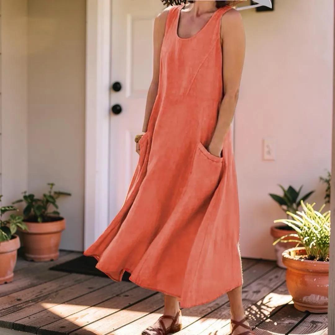 Sleeveless Pocket Boho Maxi Dress, Women's Plus Size Loose Fit Flowy Long Dress